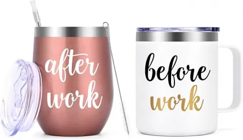 Gtmileo Before Work After Work Gift Set, Christmas Office Work Gifts for Coworkers Employees Female Boss Lady Women Friends Manger, 12oz Insulated Coffee Mug Wine Tumbler Set（Rose Gold&White