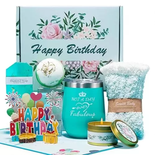 Happy Birthday Gifts for Women, Bath Relaxing Spa Gift Basket for Her, Mom, Sister, Female Friends, Daughter, Unique Wine Gift Set Idea for Women Who Have Everything