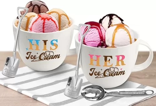His and Hers Gifts, Anniversary Couples Gifts Set Ice Cream Bowl with Scoop&Shovel Spoon, His Her Ice Cream Cereal Bowl Gift, Mothers Day Couples Gift