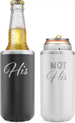 "His/Not-His" Funny Couples Gifts, His and Hers Slim Can Coolers - Insulated Holders for Skinny Beer or Cold Hard Seltzer - Gift Idea for Anniversary or Valentines Day (Set of 2, Gift Boxed)