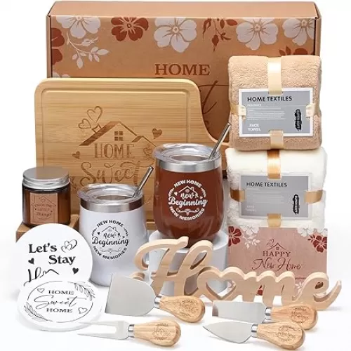 Housewarming Gift for New Home 19pcs House Warming Gift Set for Couple Friend Women Men Housewarming Basket for New House Apartment Kitchen Dinner Set (Brown, Nature)