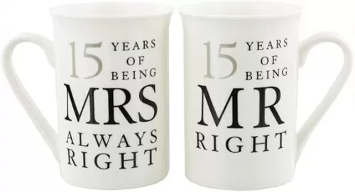 Ivory White 15th Anniversary Mr Right & Mrs Always Right Ceramic Mug Gift Set
