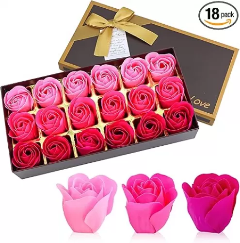JIALEEY Floral Scented Bath Soap Rose Flower Petals, Plant Essential Oil Rose Soap Set Shaped Petals Gifts Ideas for Her Women Teens Girls Mom Birthdays, 18 PCS Pink