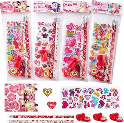 JOYIN 28 Pack Valentines Day Stationery Kids Gift Set for School Classmates Exchange, Party Favor, Includes Pencils, Erasers, Stamper, Stickers