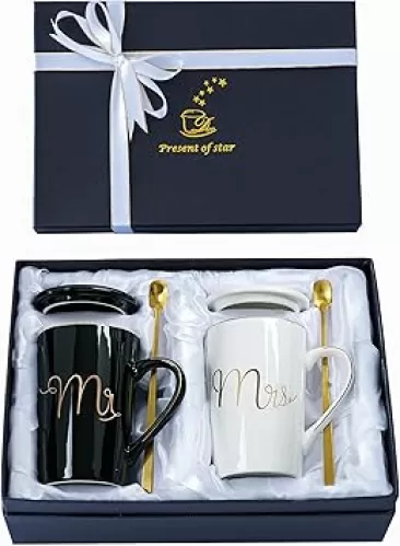 Jumway Mr and Mrs Coffee Mugs Set - Unique Wedding Gifts For Bride and Groom - His and Hers Anniversary Present Husband and Wife -Engagement Gifts For Him Her For Parents for Valentine