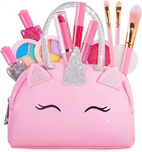 Kids Real Makeup Kit for Girls with Pink Unicorn Purse, Non Toxic Washable Make Up - Unicorn Toys for Toddler & Birthday Gifts for Girl Ages 3 4 5 6 7 8 9 10 Years Old - Pretend Play Vanity Set