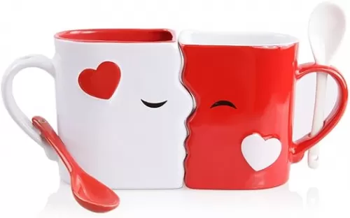 Kissing Mugs Set, Anniversary & Wedding Gifts, Exquisitely Crafted Two Large Cups & Spoons for Couples, For Him and Her on Valentines, Birthday, Engagement by Blu Devil