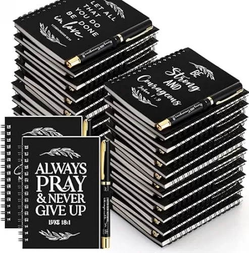 Kosiz 200 Pcs/100 Set Christian Gifts Bulk Include Spiral Notebook and Bible Verse Ballpoint Pen Prayer Journal Religious Notepad Gift for Women Teacher Church Sunday School Family(Black)