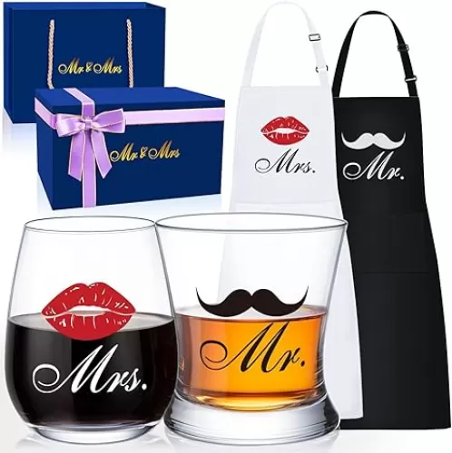 LIGHTEN LIFE Mr & Mrs Appron and Wine Whiskey Glass Set, Wedding Engagement Gifts for Couples, Anniversary Present for Newlywed, Bridal Shower Gifts, Whiskey and Wine Glass Gift Set