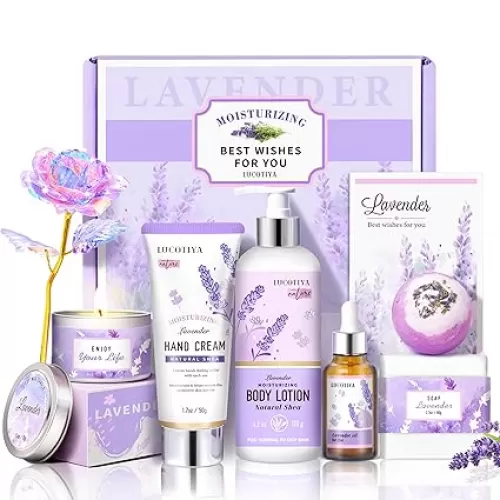 LUCOTIYA Lavender Spa Gift Set for Her, Hand Cream, Lavender Essential Oil, Body Butter , Lavender Scented Candle, Bath Bombs, Soap