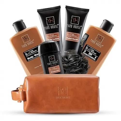 Luxury Mens Bath and Body Gift Set Basket For Him - Smoky Sandalwood - All Natural Skin Care Kit For Men w. Full Size Body Wash, Facial Scrub, Body Lotion, Deodorant in Leather Toiletry Bag