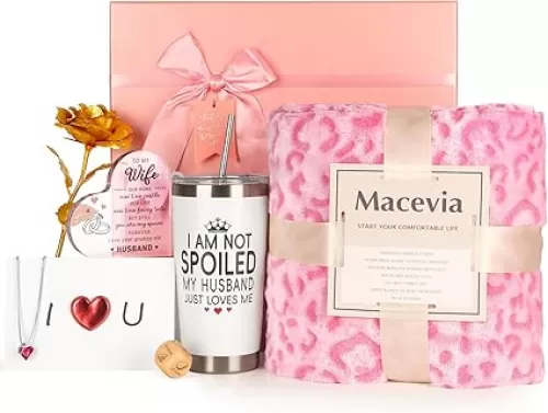 MACEVIA Pink Wife Gifts Set with Blanket from Husband, Anniversary Wedding Gift Birthday Self Care Spa Romantic Gift Set for Your Love(Wife)