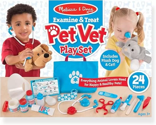 Melissa & Doug Examine and Treat Pet Vet Pretend Play Set with Plush Dog and Cat (24 Pcs) Kids Veterinary Play Set, Veterinarian Kit for Kids, STEAM Toy, Pretend Doctor for Ages 3+