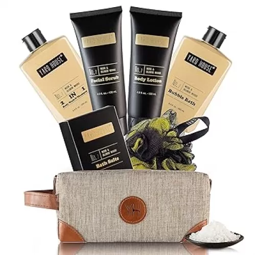 Mens Bath and Body Gift Set - Musk and Blonde Woods - Luxury Christmas, Birthday, Fathers Day Gifts From Daughter, Wife, Son For Dad, Husband - Relaxing Spa Kit for Him in Toiletry Bag