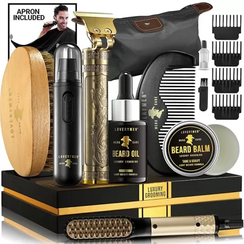 Mens Grooming Beard Kit, Beard Trimmer, Nose Hair Trimmer, Hair Straightener Brush, Oil, Balm & More, 15pc Beard Care Kit, Birthday Gifts for Men, Mens Gifts for Him, Gifts for Dad