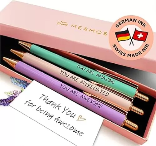 MESMOS 3pk Thank You Gifts for Women, German-Made Ink Fancy Pen Set for Women, Teacher Appreciation Gift, Nice Cute Pens, Boss Lady, Office Coworkers, Metal Ballpoint Pens