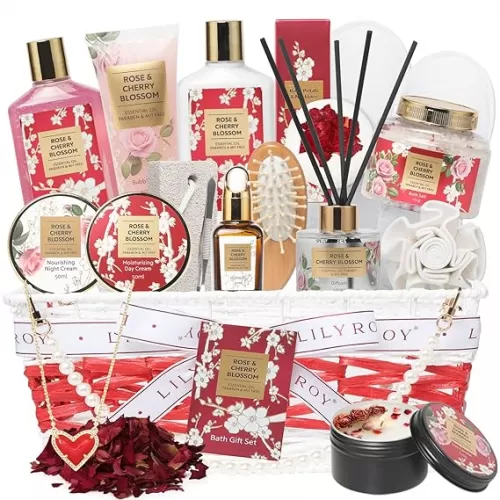 Mothers Day Gifts for Mom Rose & Cherry Blossom Spa Gift Set for Women - 19-Piece Luxury Bath & Body Care Kit with Necklace, DIY Chain, Shower Gel | Valentine