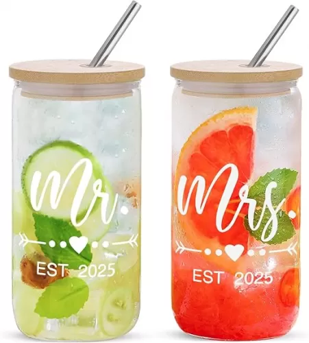 Mr & Mrs Coffee Cups 2025 Gift Set, Wedding & Engagement Gifts for Couples - His & Hers Glass Tumbler Set With Straw