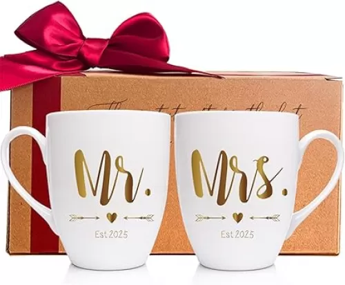 Mr & Mrs Coffee Mugs 2025, Engagement Gift for Bride Groom His Hers Couples Wife Husband Newlyweds, Prospective Newlyweds Mugs Gift, Unique Wedding Mug, Novelty Funny Wedding Gifts Set of 2-m202