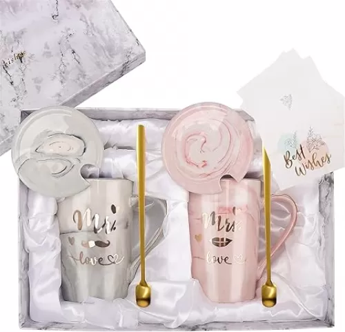 Mr and Mrs Coffee Mugs - 2025 Wedding Gifts for Couple - Bride to Be Gifts Couples Gift Ideas - Anniversary Engagement Gifts for Couple Her Parents - Ceramic Marble Cups 14 Oz