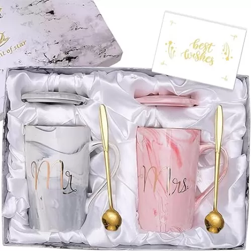 Mr and Mrs Coffee Mugs Set, Best Wedding Gifts for Couple Bride and Groom Newlyweds, Husband and Wife Anniversary Present, Bridal Shower Gifts, Engagement Gift for His and Hers, 14 Oz Gray & Pink