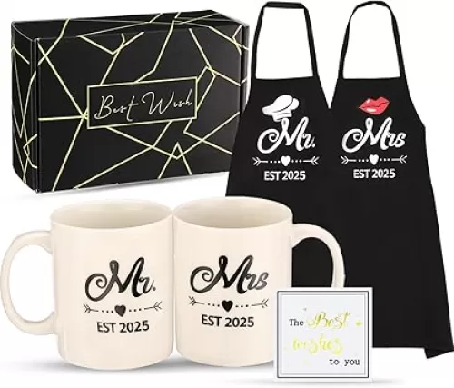 Mr and Mrs Est 2025 Mug and Apron Set, Bridal Shower Gifts, Wedding Engagement Gifts for Couples, for Couple, His and Her Gifts, Funny Kitchen Gifts for Couples