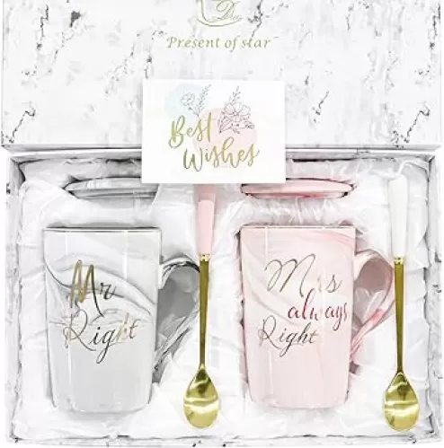 Mr and Mrs Gifts, Engagement Anniversary Wedding Gifts for Couple Newlyweds, Couple Mugs Set 14oz, Christmas Valentines Bridal Shower Presents for Bride Him Her (Type 3)