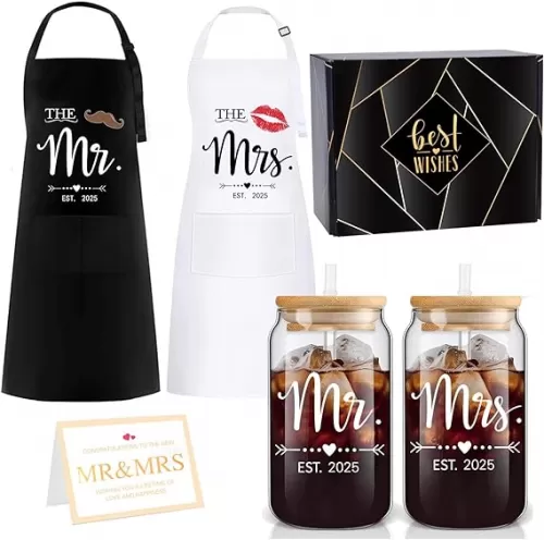 Mr Mrs Est 2025 Glass Cup and Apron Set, Couples Engagement Gift, Bridal Shower Gifts for Couple, Newlyweds Wedding Gifts for Couple Kitchen Gift