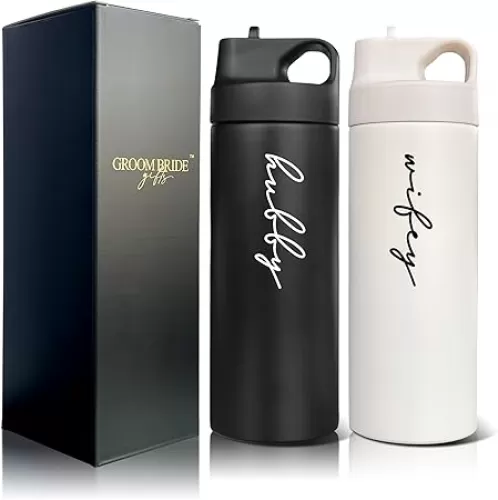 Mr&MrsGifts Couples Gifts Travel Tumblers Set of 2 Hubby and Wifey Honeymoon Travel Mugs 16oz Double-Walled Insulated Cups for Wedding Bridal Shower Gifts(XZ-HW)