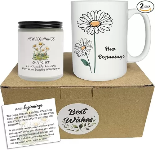New Beginnings Gifts for Women, 15oz Daisy Mug + 7oz Lavender Scented Candle Present Set for Coworker Leaving, Graduation, Farewell, Goodbye, Good Luck, New Job, Break Up, Divorce Gifts