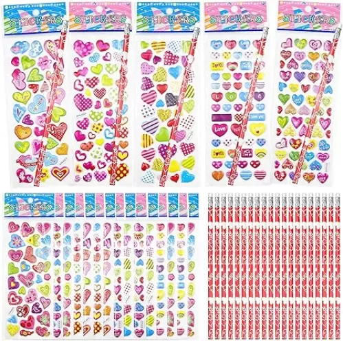 OHOME Valentines Day Gifts for Kids - 44 PCS Stationery Set for School Classroom Exchange - Valentines Day Party Favors for Toddler | Valentines Crafts Treats Games, Includes Pencils, Heart Stickers