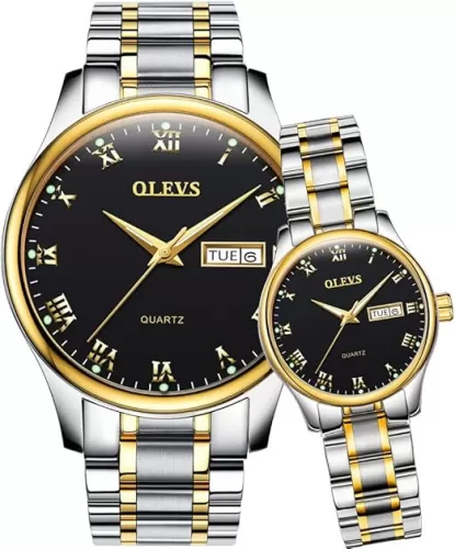 OLEVS Valentines Couple Pair Quartz Watches Luminous Calendar Date Window 3ATM Waterproof, Casual Stainless Steel His and Hers Wristwatch for Men Women Lovers Wedding Romantic Gifts Set of 2