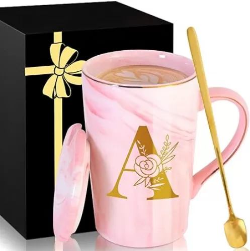 Personalized Ceramic Women Coffee Mug Tea Cup with Lid Heavy Pretty Large Pink Customized Cool Cute Women Birthday Christmas Gift for Her Wife Mother Day Grandma Girlfriend Friend Friendship Unique, A