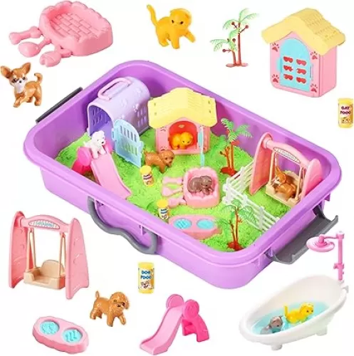 Pet Sensory bin, Dog and Cat Sandbox for Kids, Kids Play Sand Kit, Pet Play Set with Sensory Sand, Pet Care Play Set, Role Pretend Play Beach Toy Birthday Gift for Girls Boys 3 4 5 6 Years Old