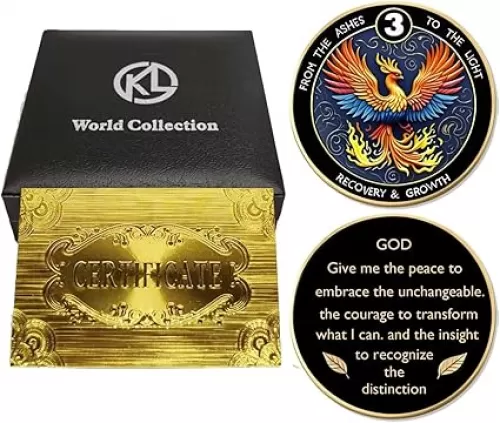 Phoenix 3 Years Sobriety Commemorative Gift Set Recovery Anniversary Gift AA/NA Inspirational Medallion Unisex Sobriety Milestone Keepsake with Exquisite Coin Storage Boxes