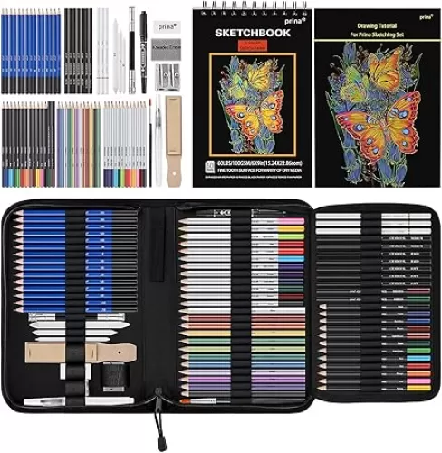 Prina 76 Pack Drawing Set Sketching Kit, Pro Art Supplies with 3-Color Sketchbook, Include Tutorial, Colored, Graphite, Charcoal, Watercolor & Metallic Pencil, for Artists Adults Teens Beginner