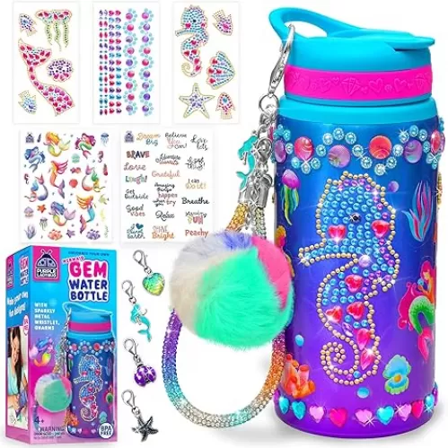 PURPLE LADYBUG Decorate Your Own Water Bottle for Girls, 22oz - Mermaid Peel-and-Stick Gemstones, Charms & Stickers Craft Set, Great Birthday Gifts for Girls 5-10 Years Old, Summer Activity for Kids