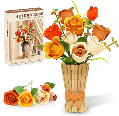 QLT QIAOLETONG Roses Flowers Bouquet Building Set with Vase Compatible with Bouquet, Botanical Collection for Home or Office Decor, Gifts for Valentine Mother