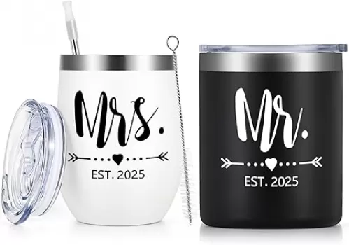 Qtencas Mr and Mrs Gifts, Mr and Mrs EST 2025 Stainless Steel Whiskey & Wine Tumbler Set, Mr And Mrs Cups, Wedding Gift for Couples, Newlyweds Bride To Be Bridal Shower Gifts Engagement Gifts, 12 oz