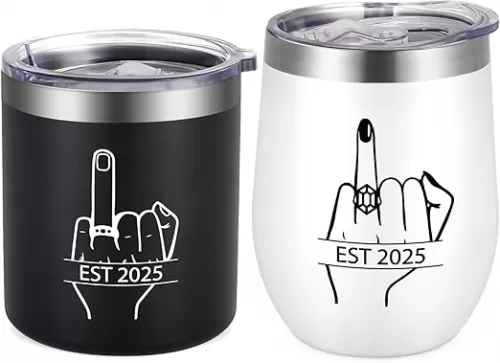 Qtencas Wedding Gifts for Couple, Ring Finger EST 2025 Stainless Steel Whiskey & Wine Tumbler Gift Set, Unique Engagement Gifts for Couples Mr Mrs His and Her Just Married Gift, 12oz Black & White