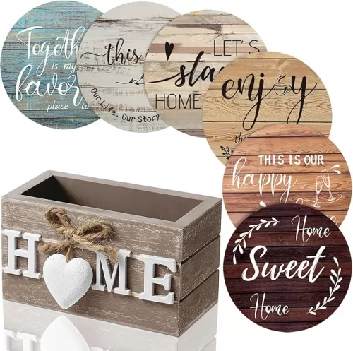 Queekay Housewarming Gifts for Home Decoration Wooden Heart Coasters for Drinks 6 Set Farmhouse Coasters with Holder Funny for Family Coffee Table Protection, 4