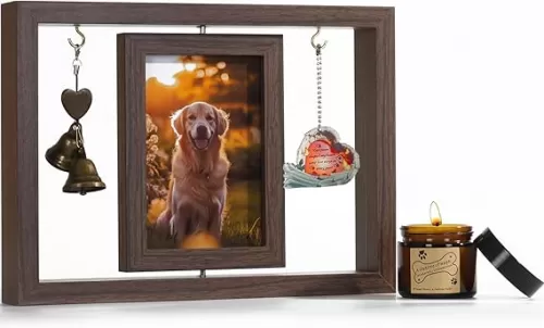 Rotating Memorial Picture Frame for Dogs with Soy Candle - Pet Loss Sympathy Gift Set, Wooden Keepsake for Dog Remembrance, Rainbow Bridge Decor (Brown)