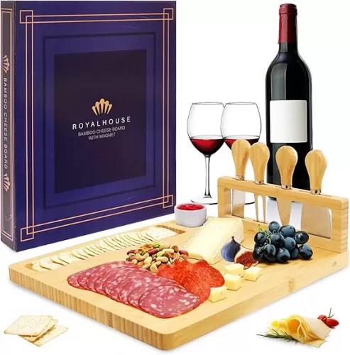 RoyalHouse Bamboo Cheese Board and Knife Set with Magnetic Holder - Serving Tray for Crackers, Meat, and Wine - Anniversary and Wedding Gift