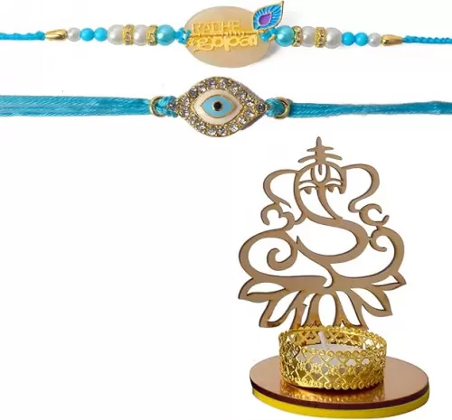 Satvik 2 Pc Rakhi for Brother & Bhabhi with Ganesh Shadow Diya, Roli Chawal, Greeting Card & Sita-Ram Sticker | Bhaiya Bhabhi Rakhi Set | Raksha Bandhan Gift | Rakhi for Men, Women, Family