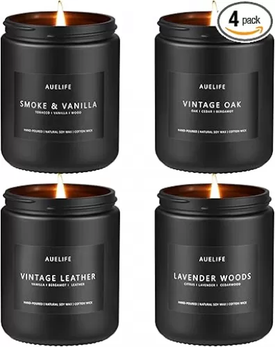 Scented Candles Set | Men Candle Set, Scented Candles for Home, Gifts for Men Aromatherapy Gift Set - 4 Pack Manly Gifts for Dad Fathers Day, Soy Candle of Leather/Smoke & Vanilla/Oak/Lavender
