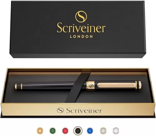 Scriveiner Black Lacquer Rollerball Pen - Stunning Luxury Pen, Real Gold Plating, Schmidt Ink Refill, Best Roller Ball Gift Set for Men & Women, Professional, Executive Office, Nice Pens