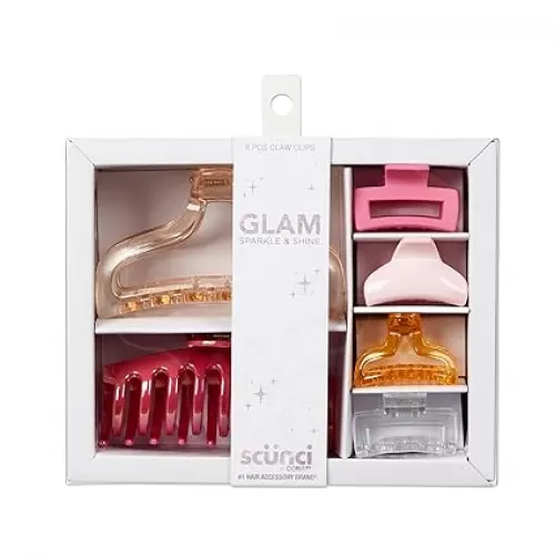 Scunci by Conair Teen Girl Holiday Gift Set, Christmas Gift Box Under $20, Includes 6 Claw Clips in Glamorous Shiny Colors