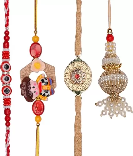 Set of 4 Rakhi for Brother Thread Bracelet for Bhai Bhabhi Bhaiya veera Raksha Bandhan Dora Set Bracelet with Rakhi Gift Card Pack for Brother Sister Indian Traditional Raksha Bandhan Festival