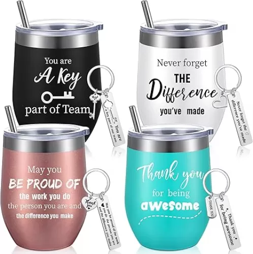 Sieral 4 Sets Thank You Gifts Coworker Leaving Farewell Appreciation with 12 oz for Being Awesome Wine Tumbler and Difference Keychains Goodbye Colleague Teacher Nurse Friends