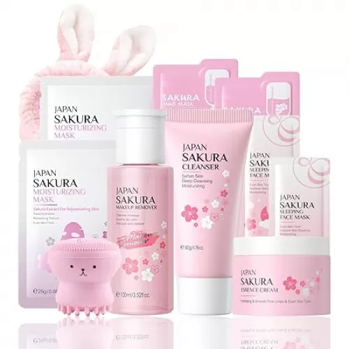 Skincare Set Sakura Women Skincare Gifts for Teen Girls - Travel Essentials for Women - Skin Care Set with Makeup Remover, Face Wash, Moisturizer, Face Mask - Fa ce Care Set for Wo men (11PCS, Sakura)